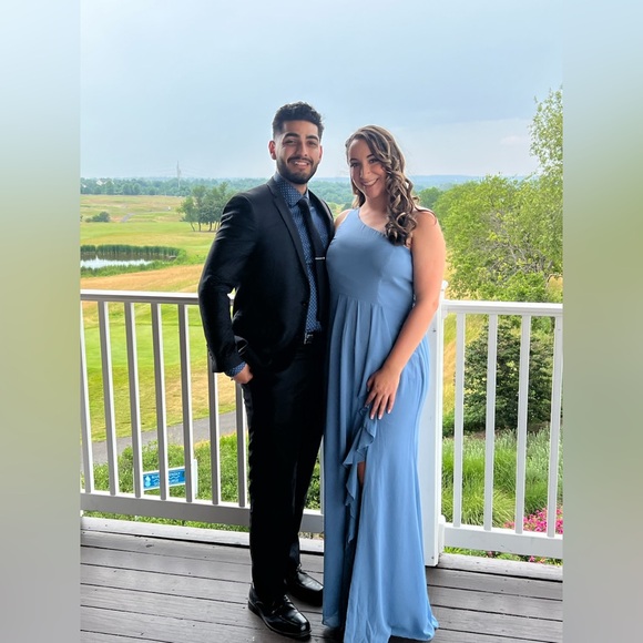 lulus slate blue bridesmaid dress Lulus Satin Maxi Dress XL slate Blue Strapless Tiered Event Party